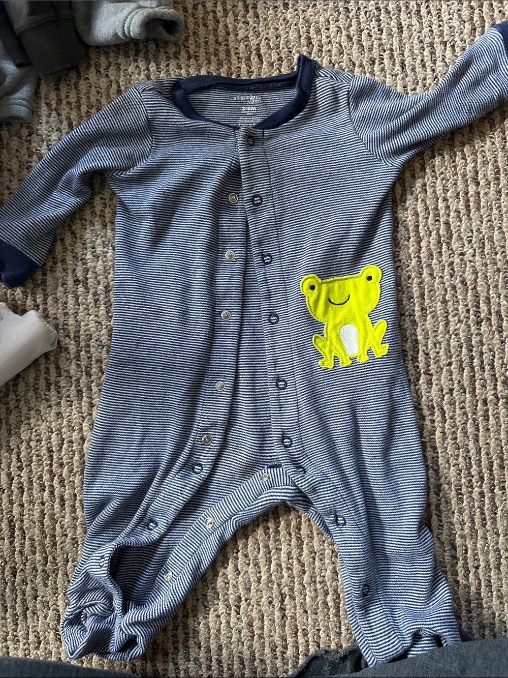 Striped Navy Baby Footie with Yellow Frog Applique